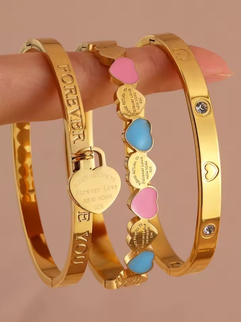 Luxury Gold Heart Enamel Bangle Set with Pink & Blue Accents - Picture 3 of 7